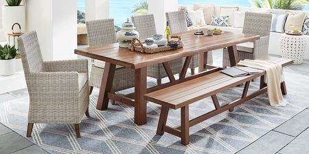 Patmos Tan 7 Pc 102 in. Rectangle Outdoor Dining Set With Linen Cushions and Bench
