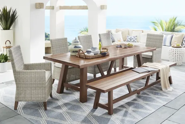 Patmos Tan 7 Pc 102 in. Rectangle Outdoor Dining Set With Linen Cushions and Bench