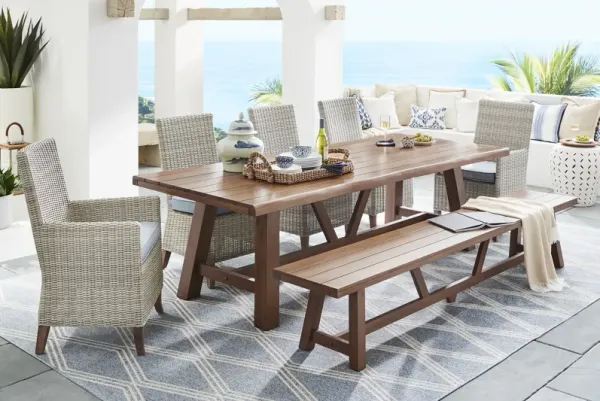 Patmos Tan 7 Pc 102 in. Rectangle Outdoor Dining Set With Steel Cushions and Bench
