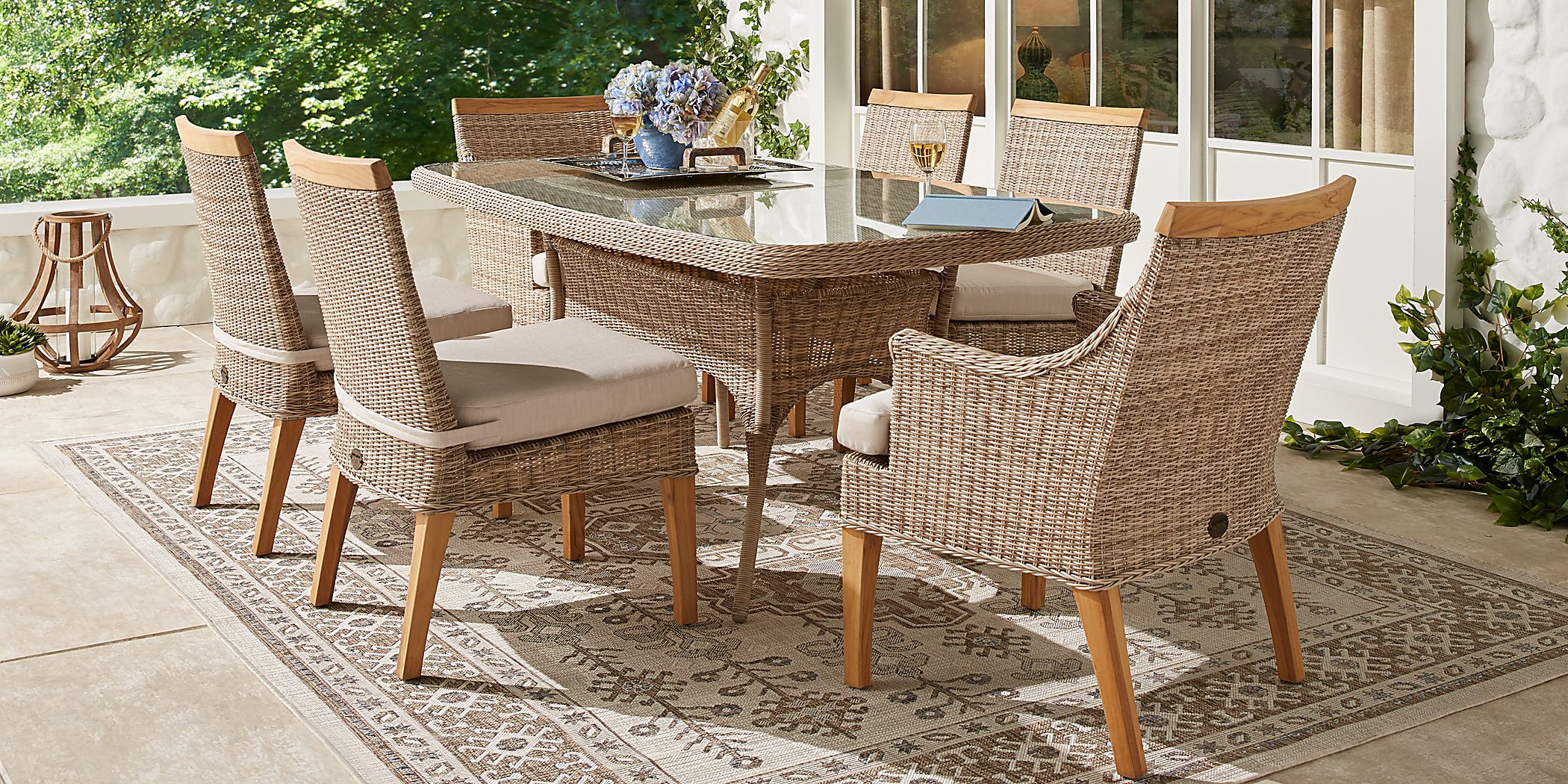 Hamptons Cove Gray 7 Pc Rectangle Outdoor Dining Set with Flax Cushions