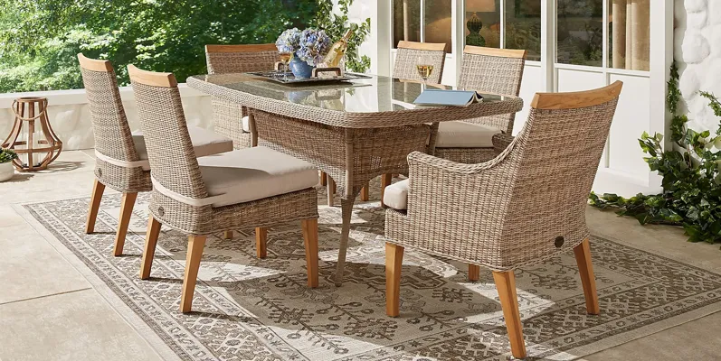 Hamptons Cove Gray 7 Pc Rectangle Outdoor Dining Set with Flax Cushions
