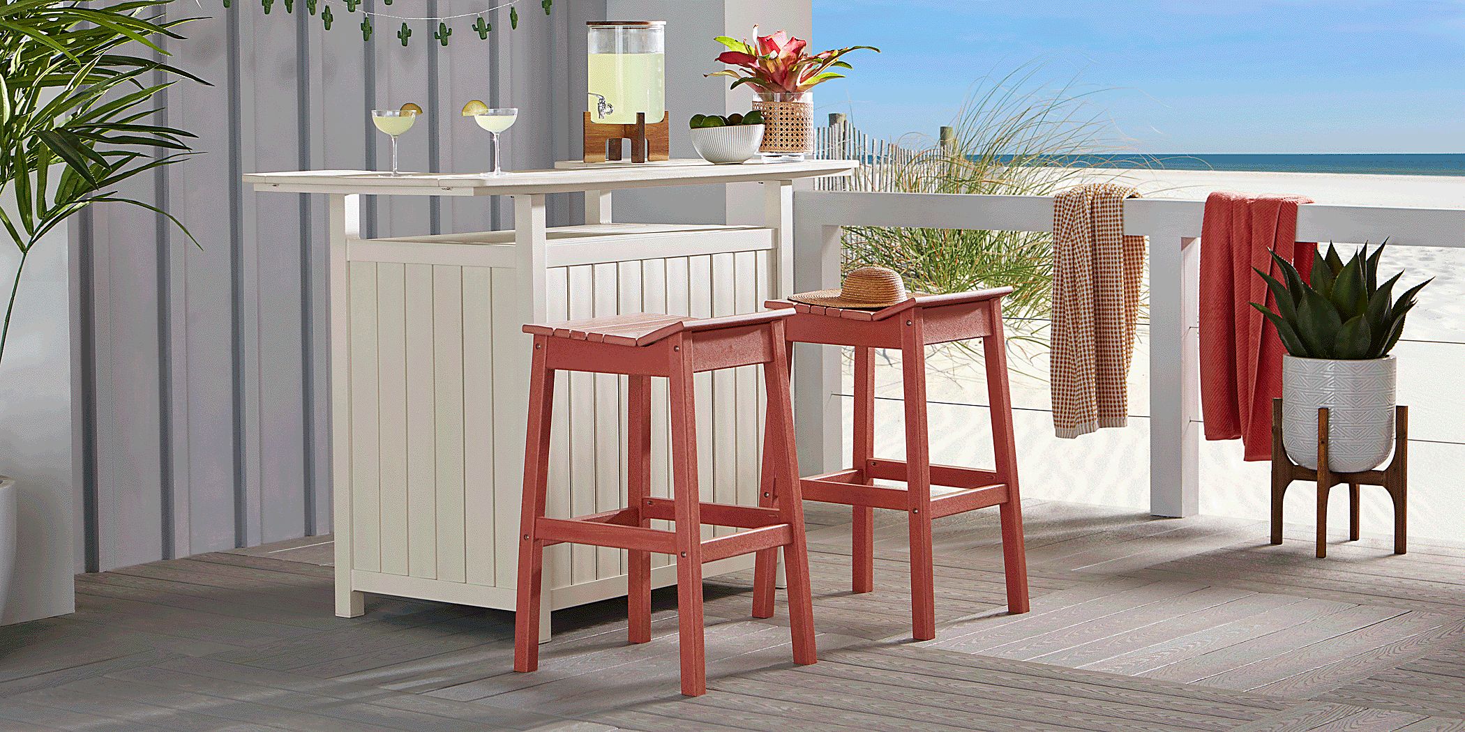 Addy White 3 Pc Outdoor Bar Set with Red Barstools