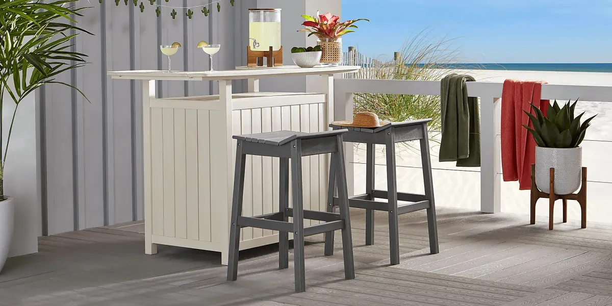 Addy White 3 Pc Outdoor Bar Set with Gray Barstools