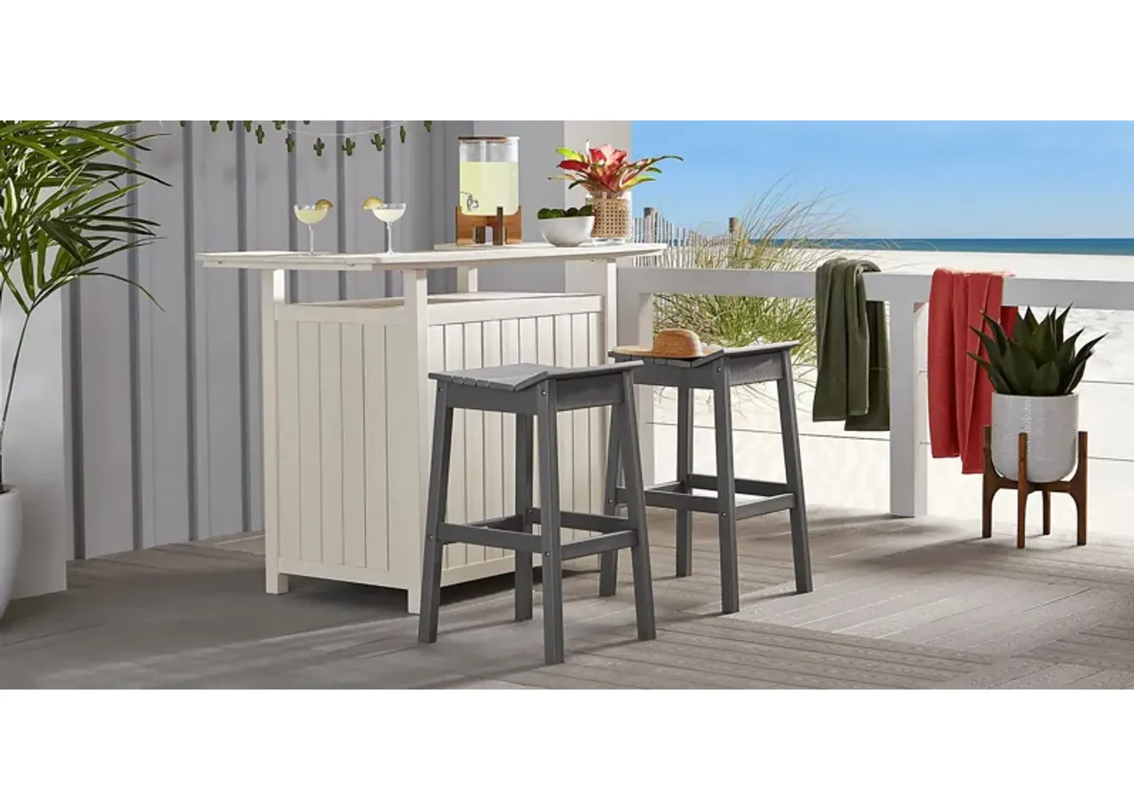 Addy White 3 Pc Outdoor Bar Set with Gray Barstools