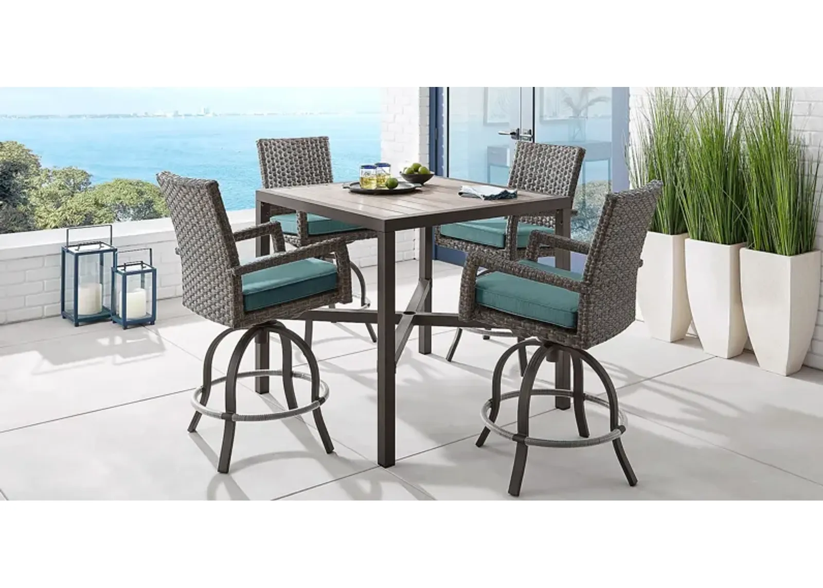 Rialto Brown 5 Pc Square Outdoor Bar Height Dining Set with Aqua Cushions