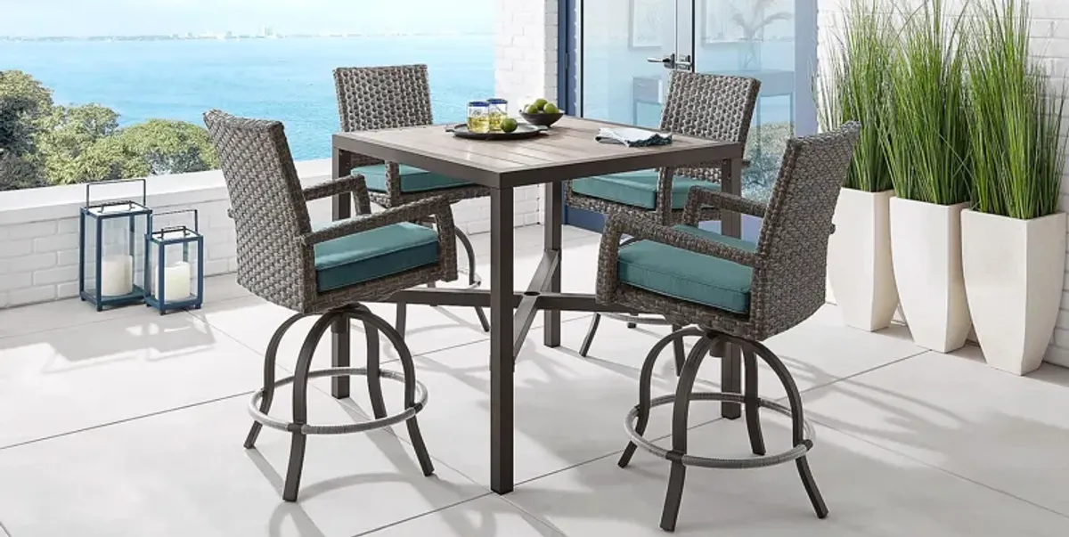 Rialto Brown 5 Pc Square Outdoor Bar Height Dining Set with Aqua Cushions