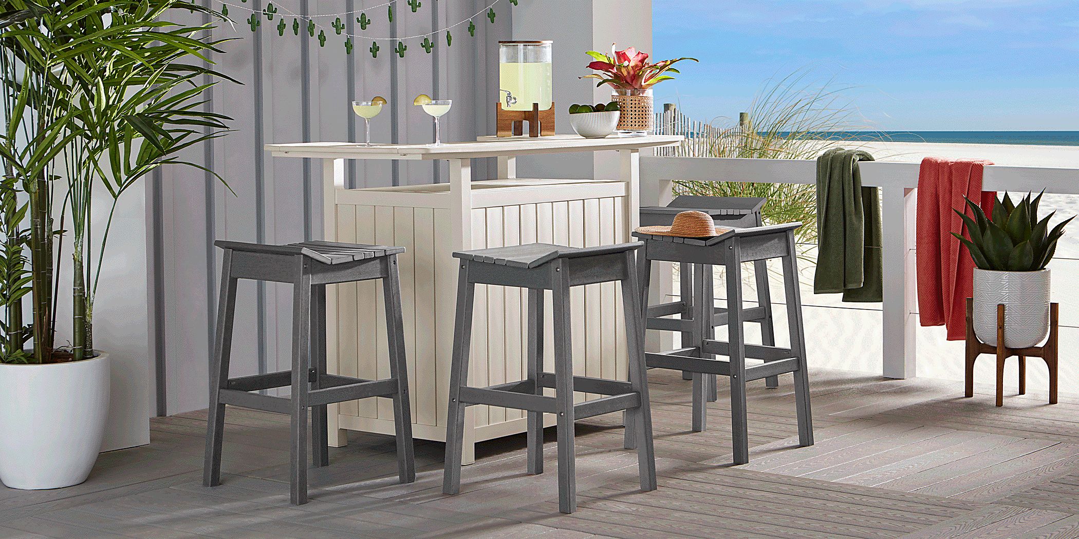 Addy White 5 Pc Outdoor Bar Dining Room with Gray Barstools