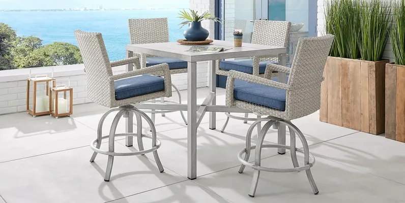 Sun Valley Light Gray 5 Pc Square Outdoor Bar Height Dining Set with Blue Cushions