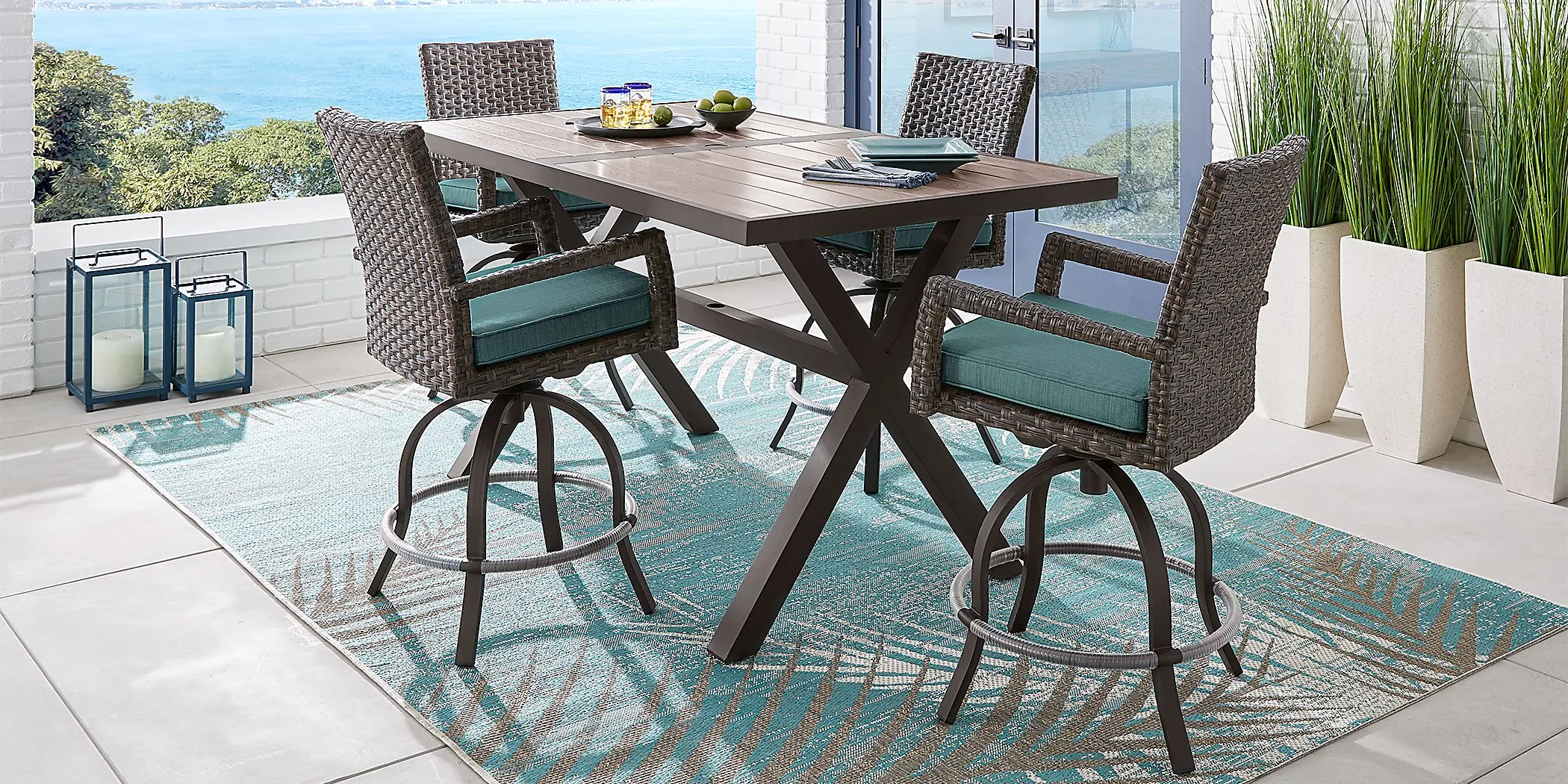 Rialto Brown 5 Pc Rectangle Outdoor Bar Height Dining Set with Aqua Cushions