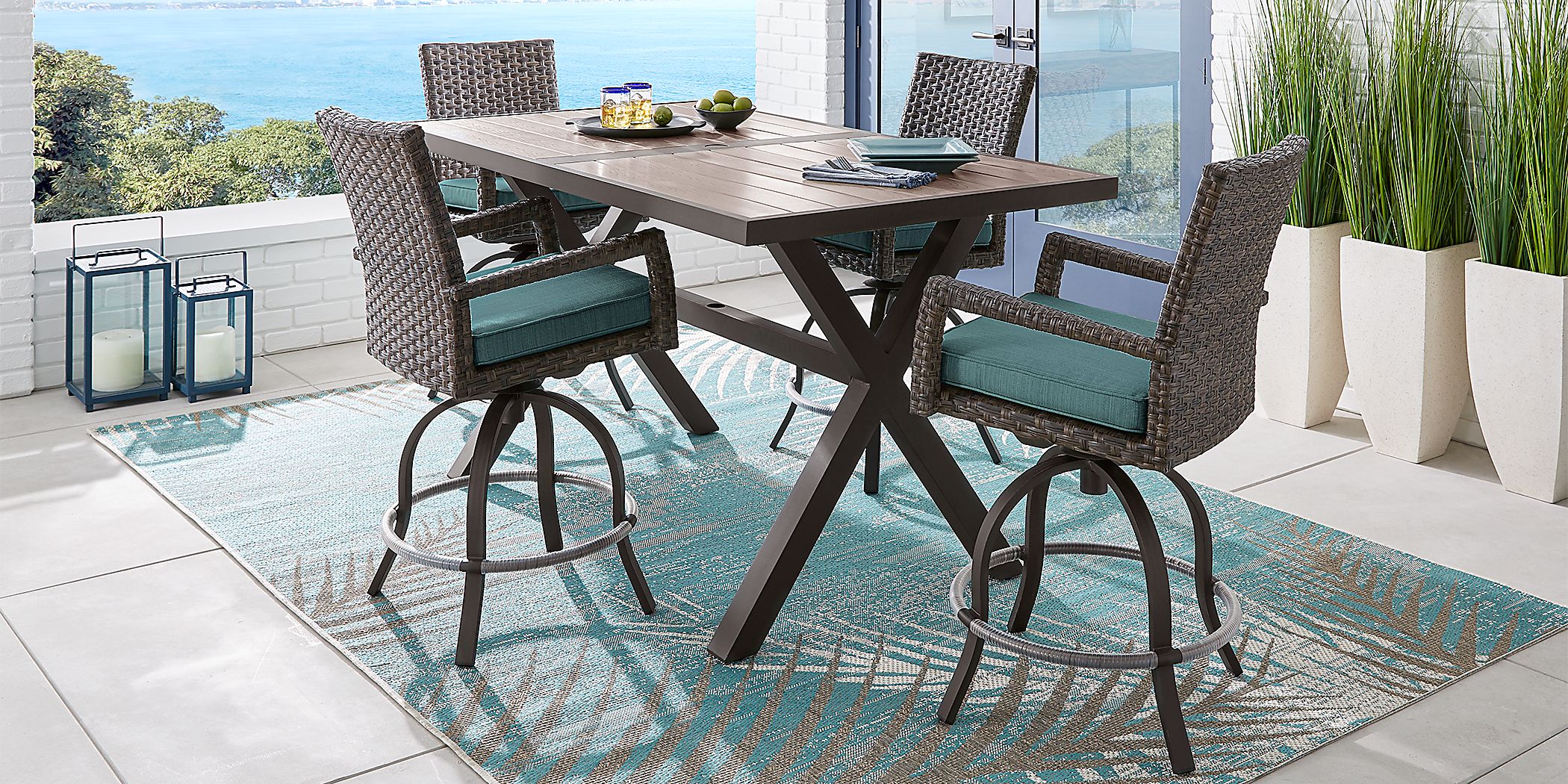 Rialto Brown 5 Pc Rectangle Outdoor Bar Height Dining Set with Aqua
