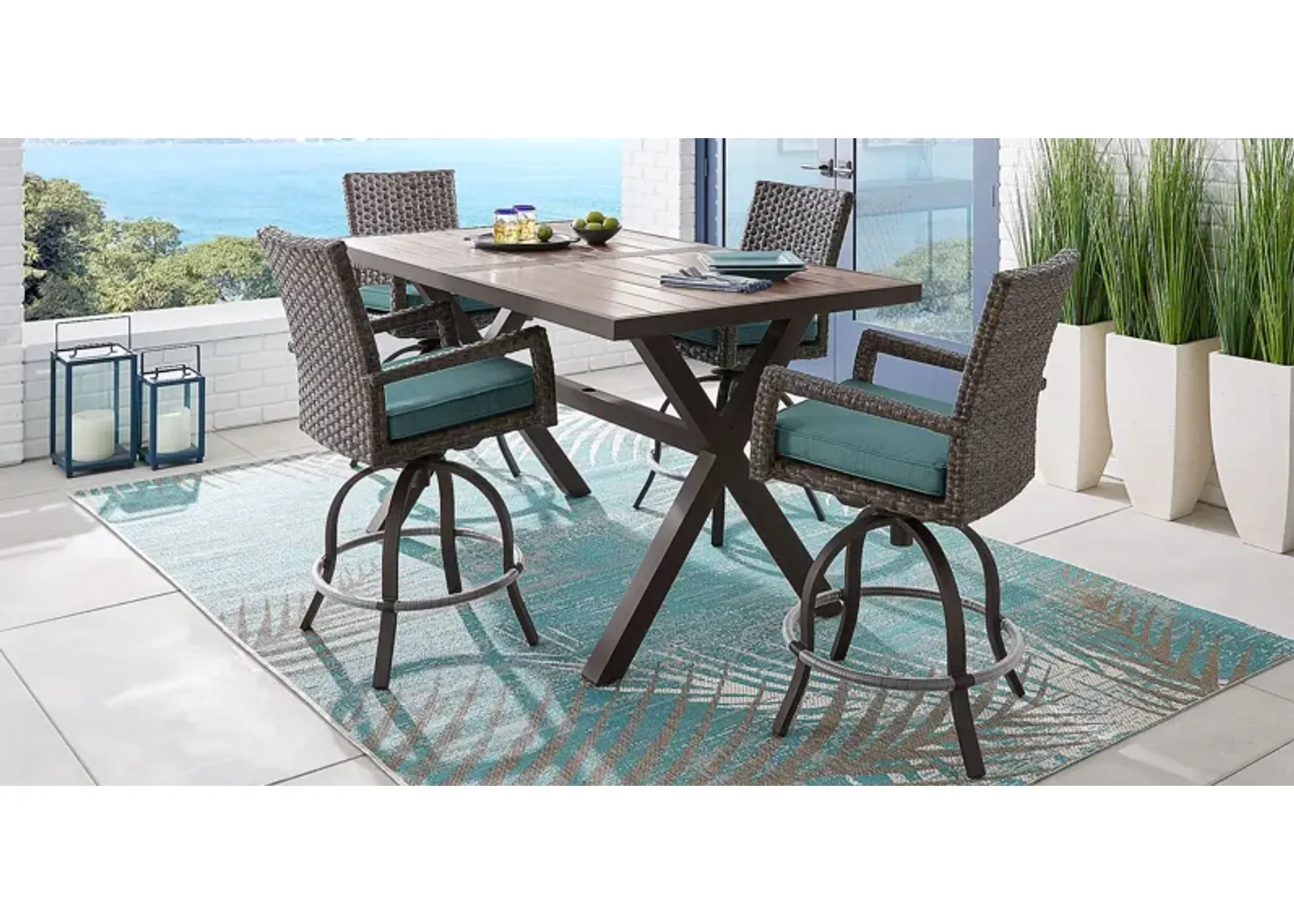 Rialto Brown 5 Pc Rectangle Outdoor Bar Height Dining Set with Aqua Cushions