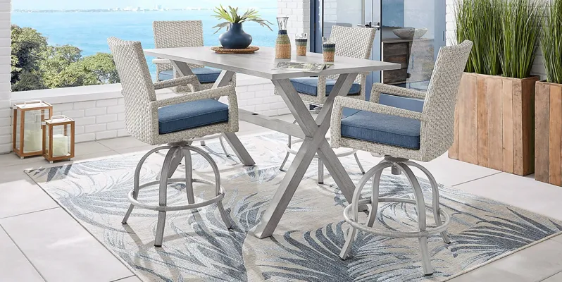Sun Valley Light Gray 5 Pc Rectangle Outdoor Bar Height Dining Set with Blue Cushions