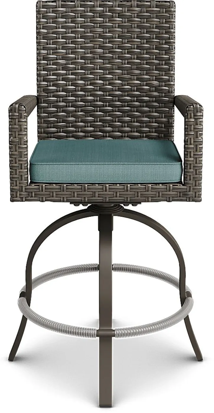 Rialto Brown Outdoor Swivel Barstool with Aqua Cushion