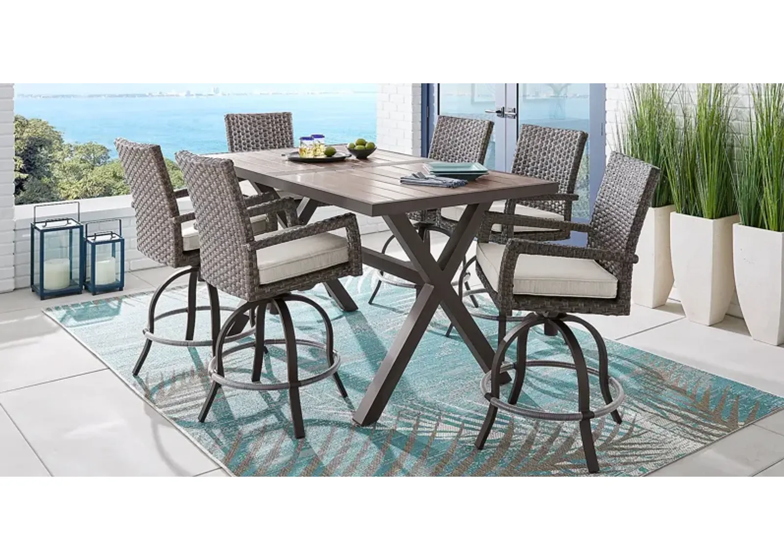 Rialto Brown 7 Pc Rectangle Outdoor Bar Height Dining Set with Putty Cushions