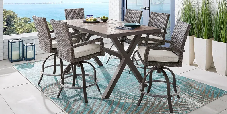 Rialto Brown 7 Pc Rectangle Outdoor Bar Height Dining Set with Putty Cushions
