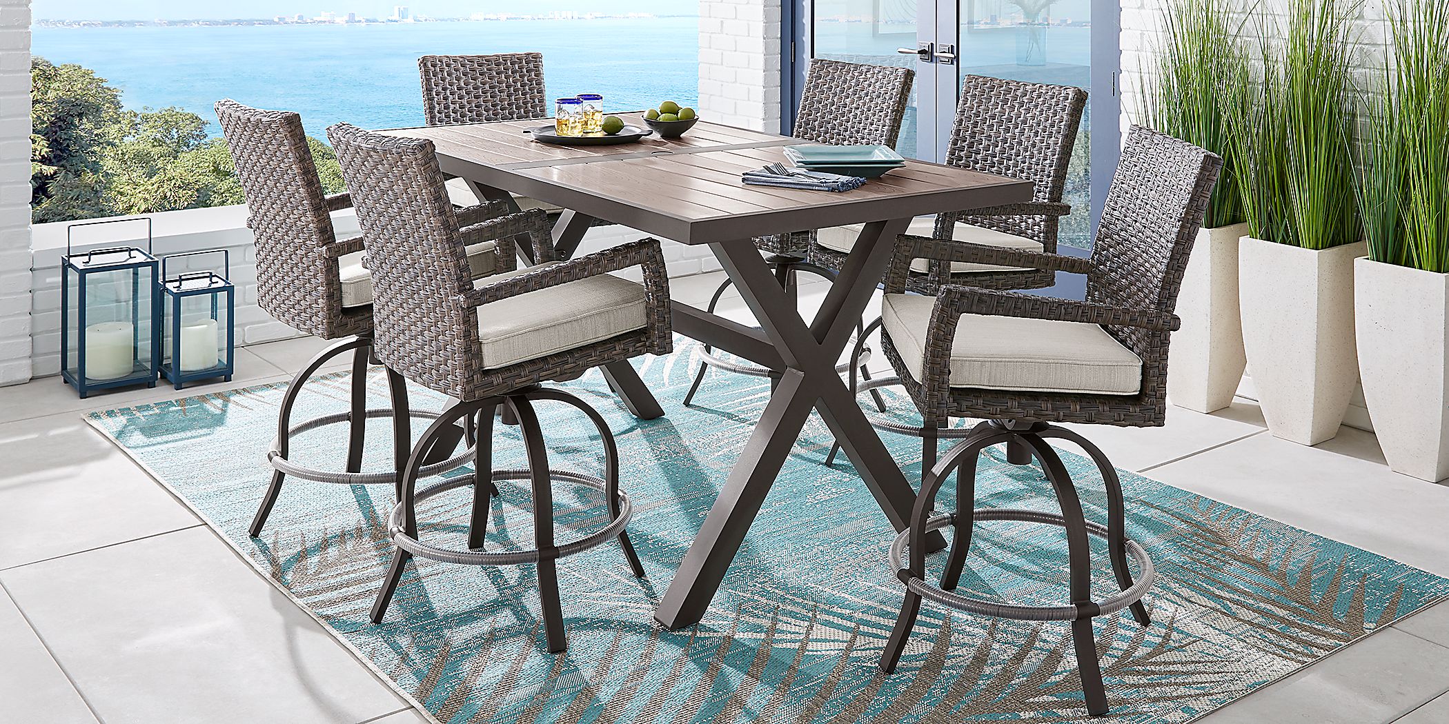 Rialto Brown 7 Pc Rectangle Outdoor Bar Height Dining Set with Putty
