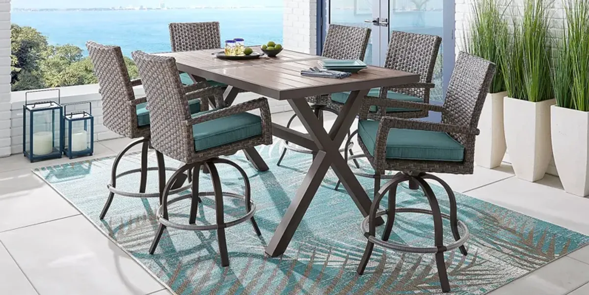 Rialto Brown 7 Pc Rectangle Outdoor Bar Height Dining Set with Aqua Cushions