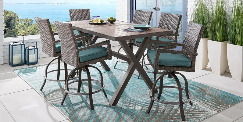 Rialto Brown 7 Pc Rectangle Outdoor Bar Height Dining Set with Aqua Cushions