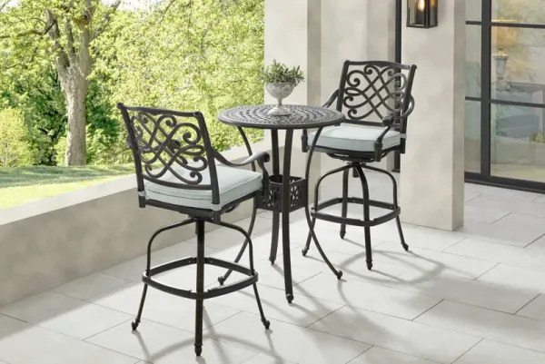 Carina Bronze 3 Pc 30 in. Round Bar Height Outdoor Dining Set with Sky Cushions