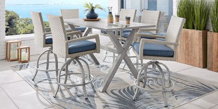 Sun Valley Light Gray 7 Pc Rectangle Outdoor Bar Height Dining Set with Blue Cushions