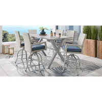 Sun Valley Light Gray 7 Pc Rectangle Outdoor Bar Height Dining Set with Blue Cushions