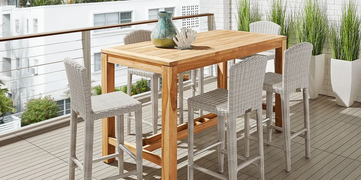 Patmos Teak 5 Pc 71 in. Rectangle Bar Height Outdoor Dining Set with Gray Wicker Barstools