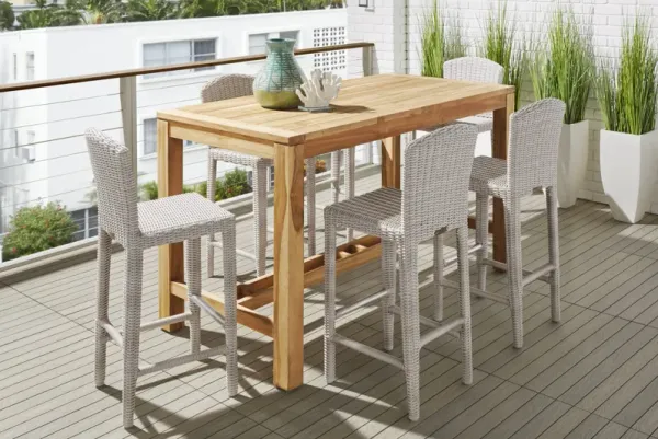 Patmos Teak 5 Pc 71 in. Rectangle Bar Height Outdoor Dining Set with Gray Wicker Barstools