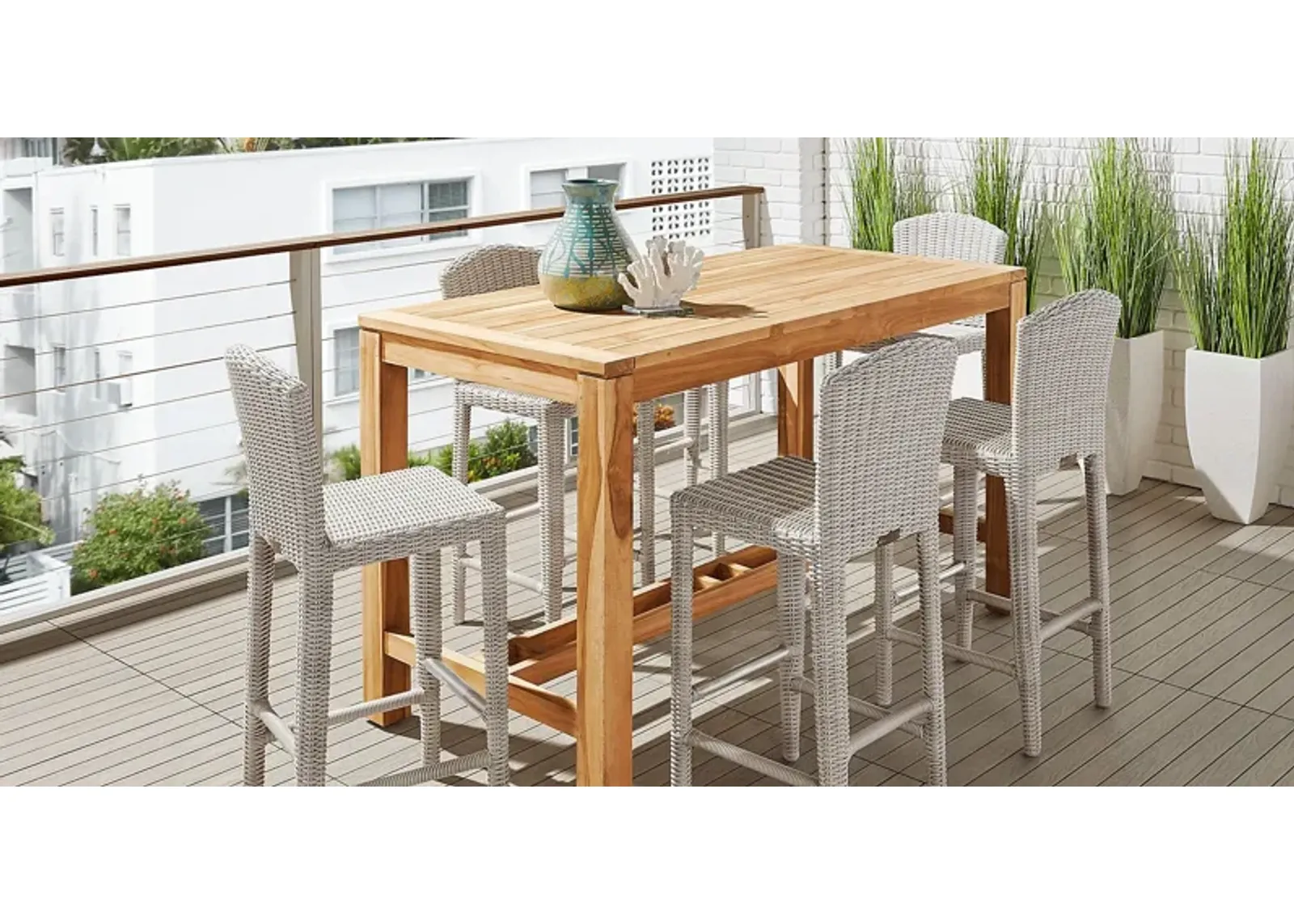 Patmos Teak 5 Pc 71 in. Rectangle Bar Height Outdoor Dining Set with Gray Wicker Barstools