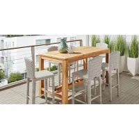 Patmos Teak 5 Pc 71 in. Rectangle Bar Height Outdoor Dining Set with Gray Wicker Barstools