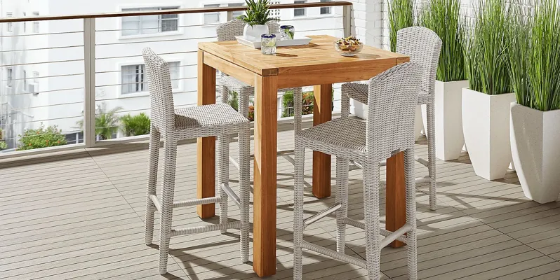 Patmos Teak 5 Pc 36 in. Square Bar Height Outdoor Dining Set with Gray Wicker Barstools