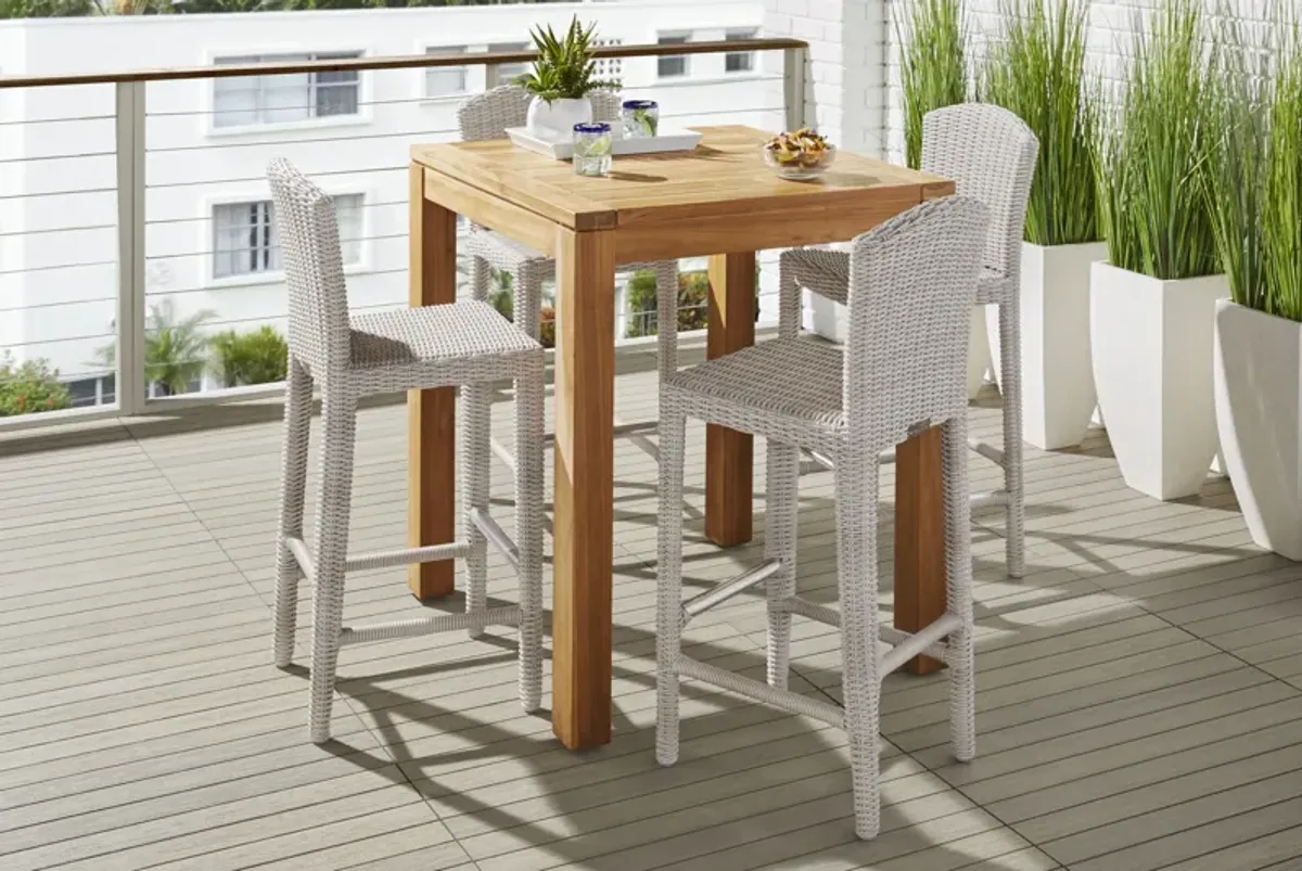 Patmos Teak 5 Pc 36 in. Square Bar Height Outdoor Dining Set with Gray Wicker Barstools