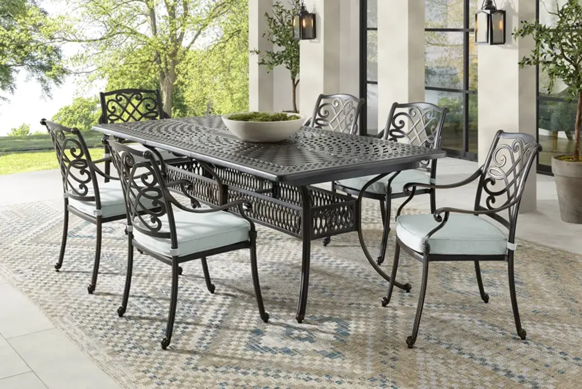 Carina Bronze 7 Pc 87-112 in. Rectangle Extension Outdoor Dining Set with Sky Cushions