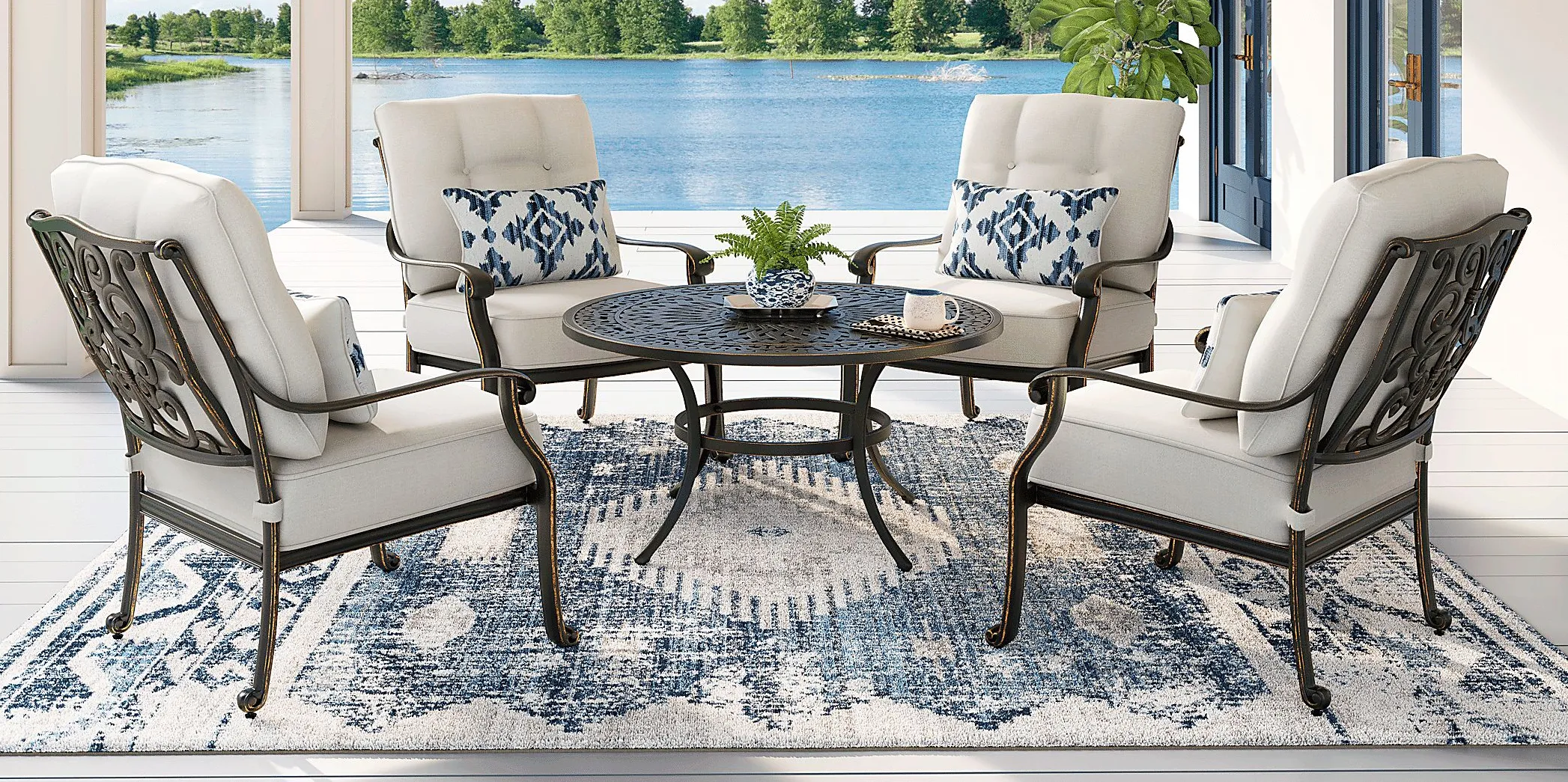Lake Como Antique Bronze 5 Pc Outdoor Chat Set with Coconut Cushions