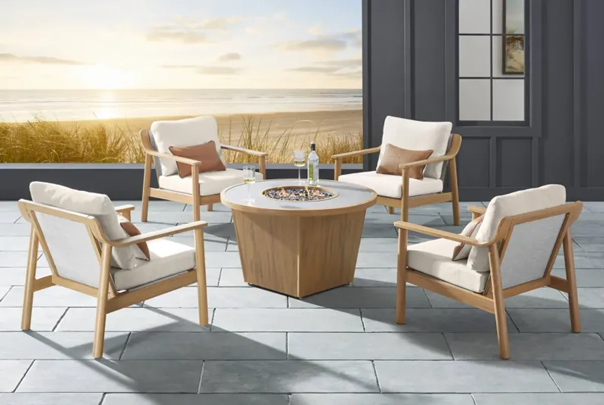 Logen Natural 5 Pc Round Outdoor Fire Pit Seating Set with Beige Cushions