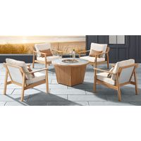 Logen Natural 5 Pc Round Outdoor Fire Pit Seating Set with Beige Cushions
