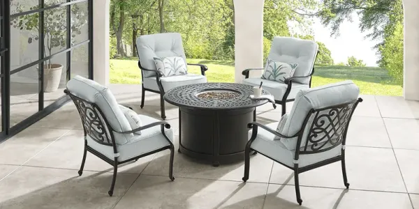 Carina Bronze 5 Pc Outdoor Fire Pit Seating Set with Sky Cushions