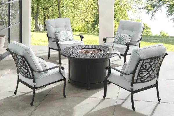 Carina Bronze 5 Pc Outdoor Fire Pit Seating Set with Sky Cushions