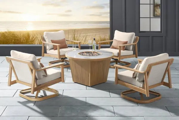 Logen Natural 5 Pc Round Outdoor Fire Pit Seating Set with Beige Cushions