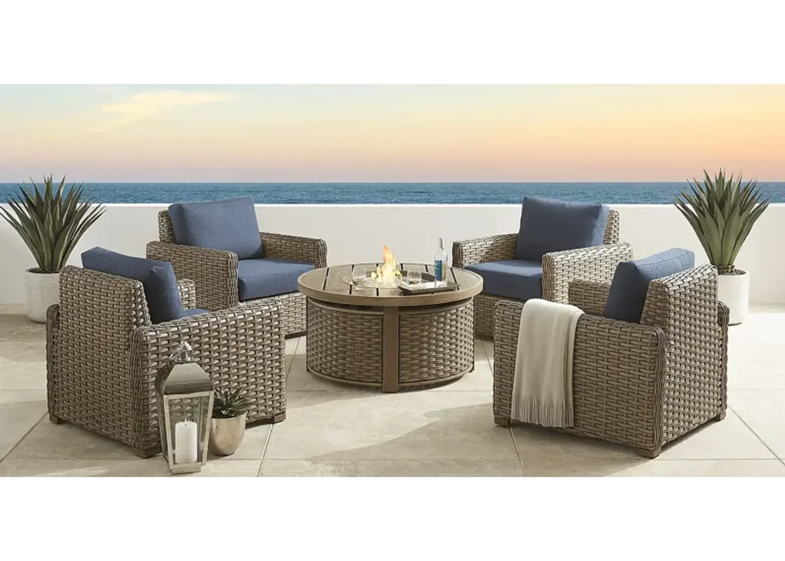 Siesta Key Driftwood 5 Pc Outdoor Fire Pit Seating Set with Indigo Cushions