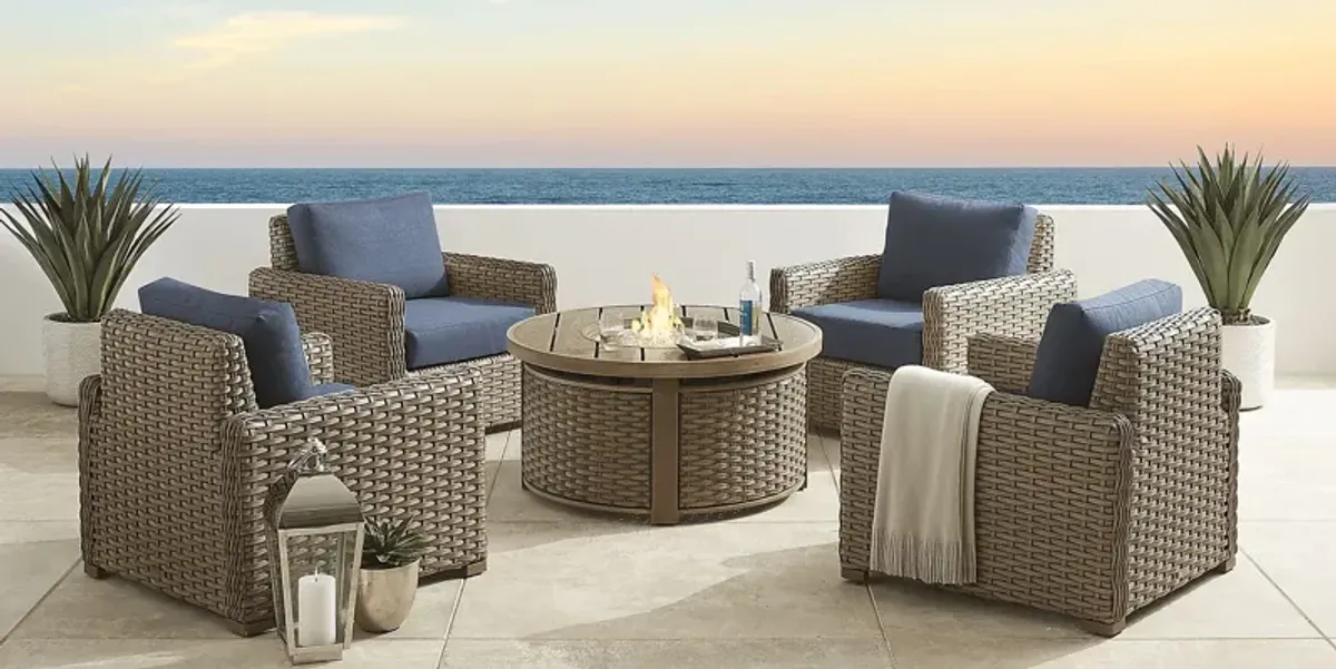 Siesta Key Driftwood 5 Pc Outdoor Fire Pit Seating Set with Indigo Cushions