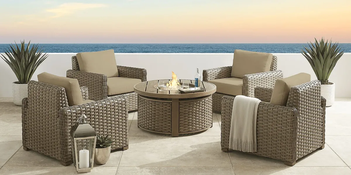 Siesta Key Driftwood 5 Pc Outdoor Fire Pit Seating Set with Pebble Cushions