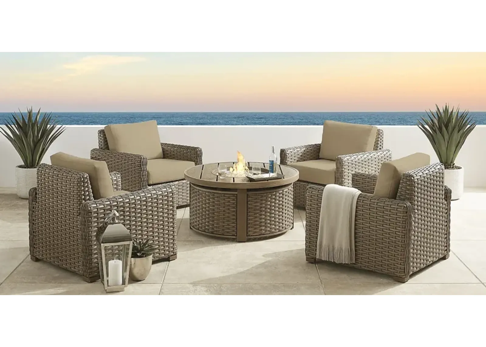 Siesta Key Driftwood 5 Pc Outdoor Fire Pit Seating Set with Pebble Cushions