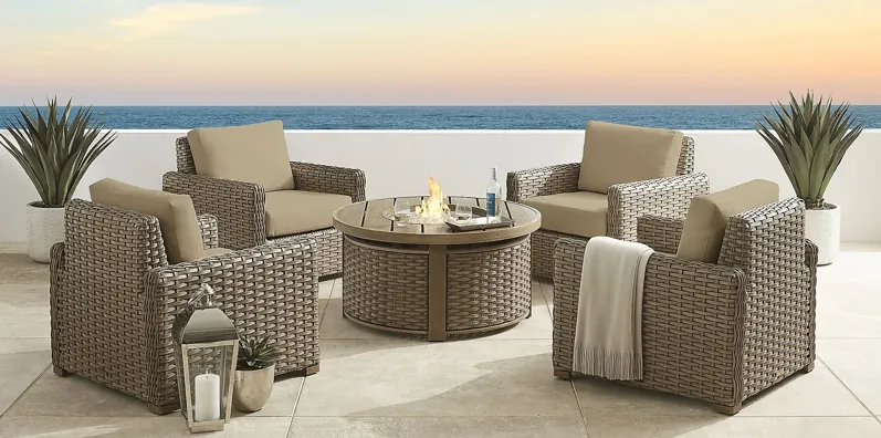 Siesta Key Driftwood 5 Pc Outdoor Fire Pit Seating Set with Pebble Cushions
