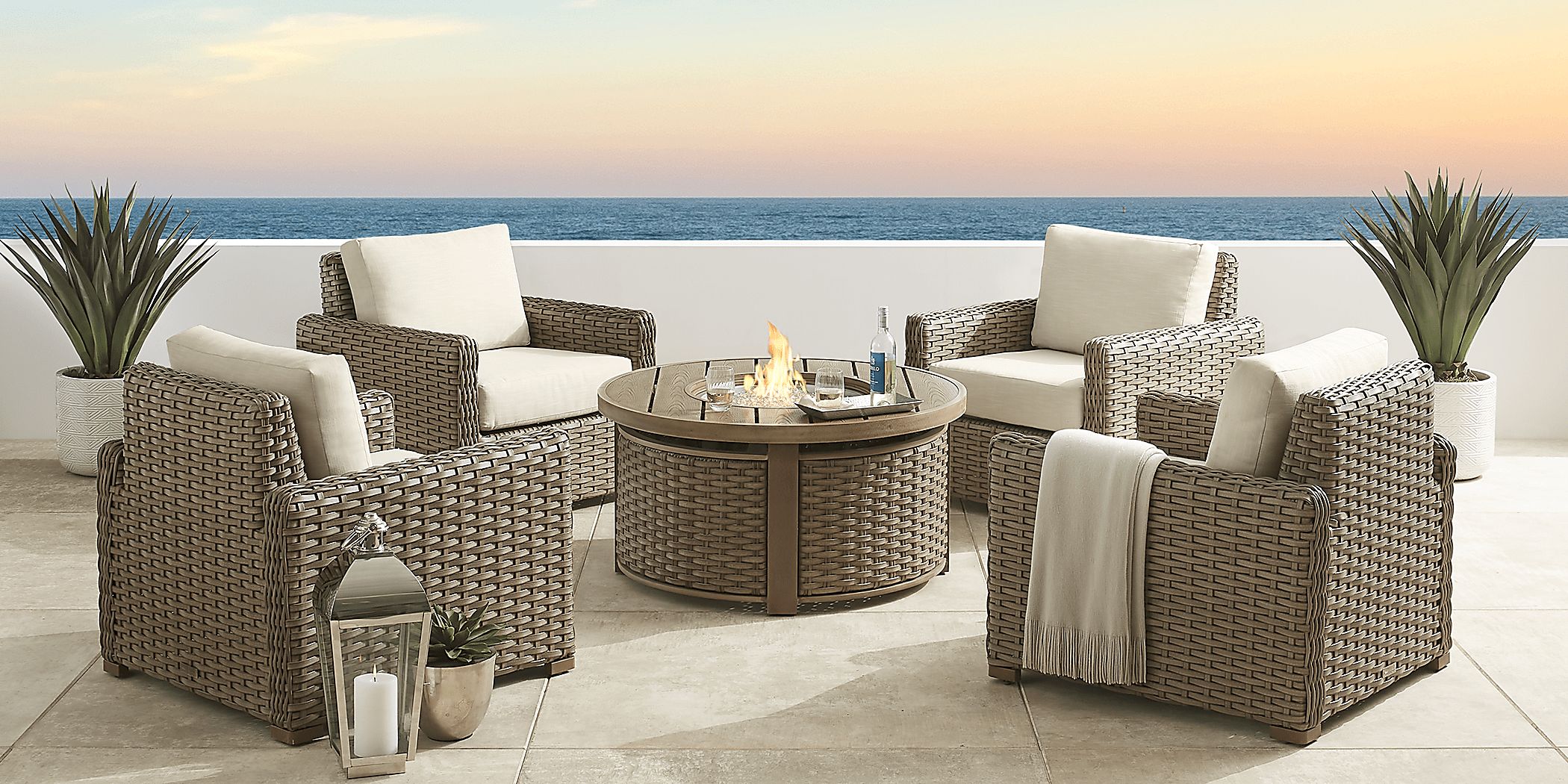 Siesta Key Driftwood 5 Pc Outdoor Fire Pit Seating Set with Linen Cushions