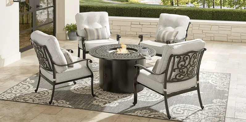 Lake Como Antique Bronze 5 Pc Fire Pit Seating Set with Silk-Colored Cushions