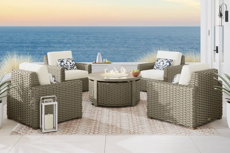 Siesta Key Driftwood Finish 5 Pc Outdoor Fire Pit Chat Set with Desert Cushions