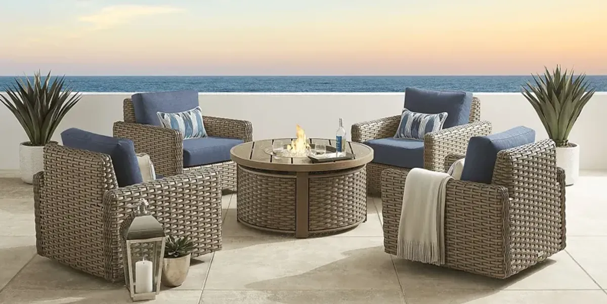 Siesta Key Driftwood 5 Pc Outdoor Fire Pit Seating Set with Indigo Cushions