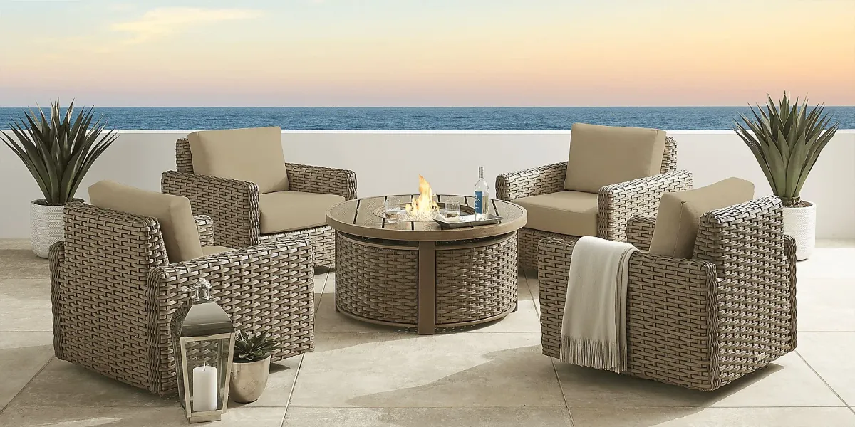 Siesta Key Driftwood 5 Pc Outdoor Fire Pit Seating Set with Pebble Cushions