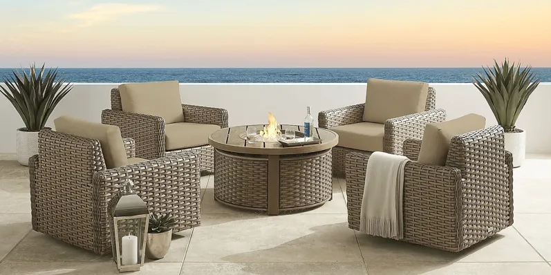 Siesta Key Driftwood 5 Pc Outdoor Fire Pit Seating Set with Pebble Cushions
