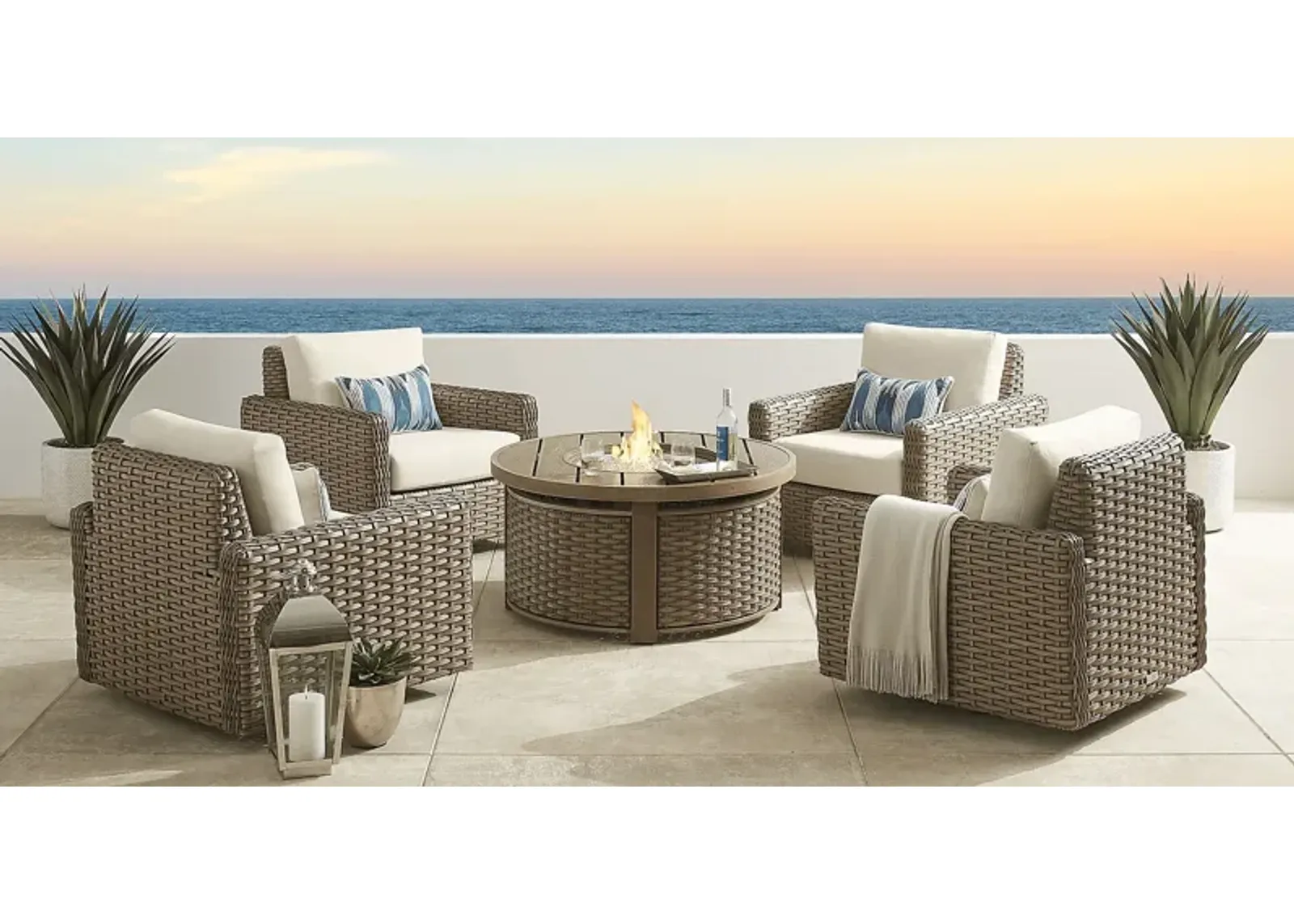 Siesta Key Driftwood 5 Pc Outdoor Fire Pit Seating Set with Linen Cushions